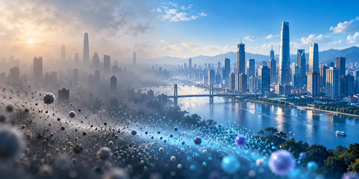 A city skyline showing hazy and clearer air, with illustrated particles