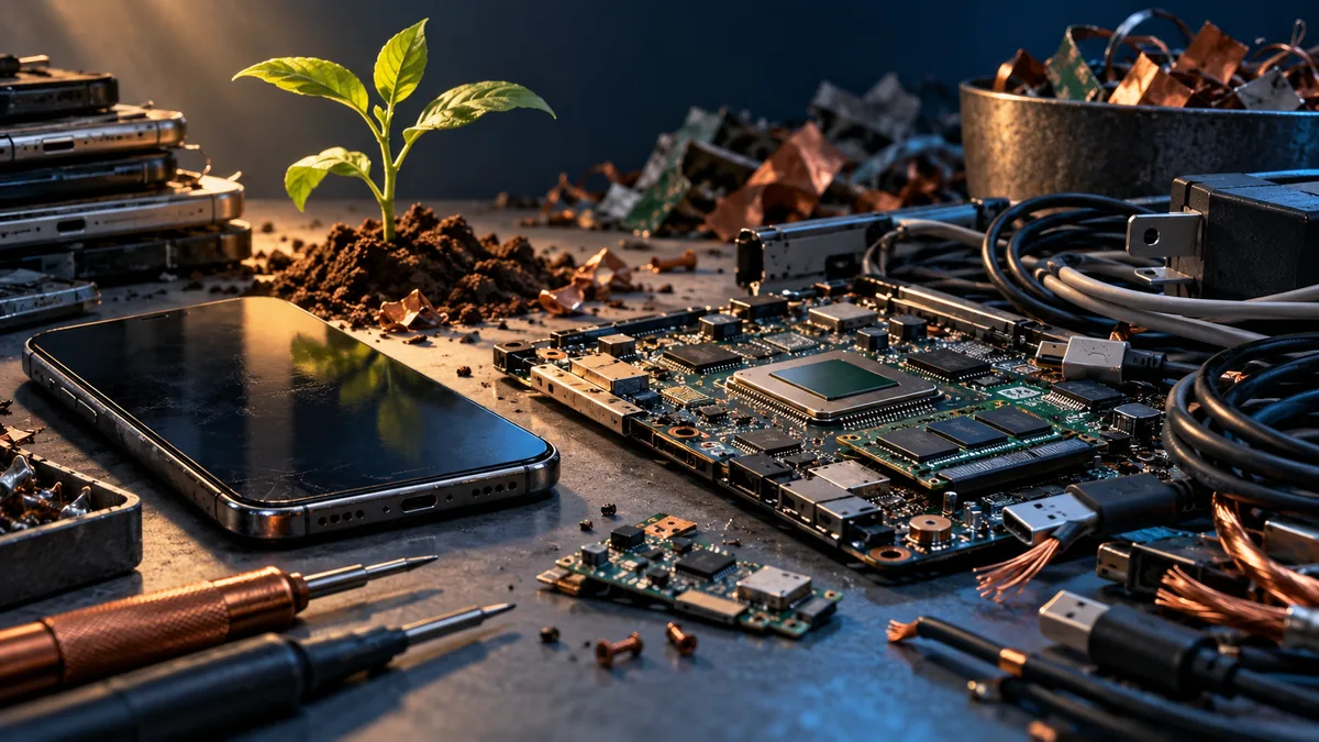 Old electronics and a circuit board on a repair bench next to a small plant