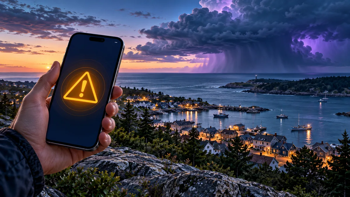 A phone displaying an amber alert beside a coastal town under storm clouds