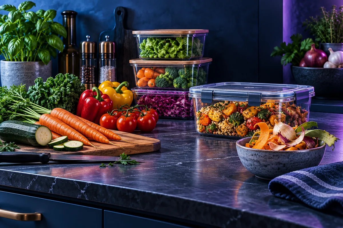 Vegetables, a container of leftovers and a bowl of peels on a kitchen counter