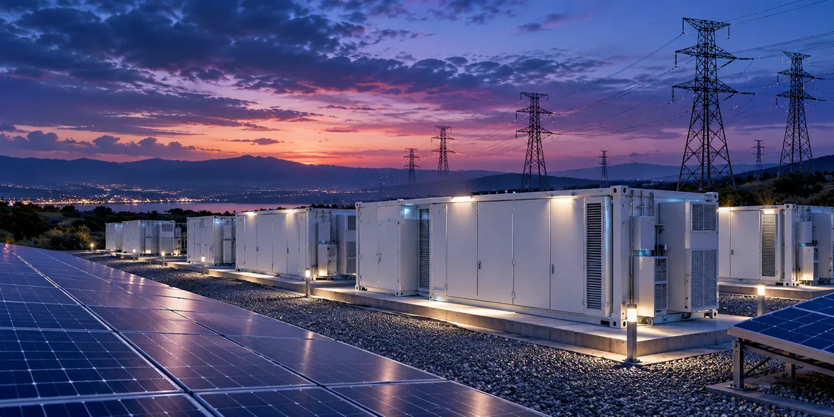 Battery storage containers beside solar panels and power lines at dusk