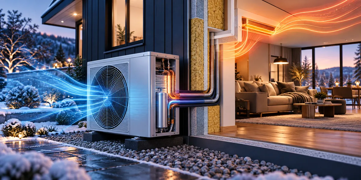 A heat pump outside a house, with illustrated flows of warm and cool air