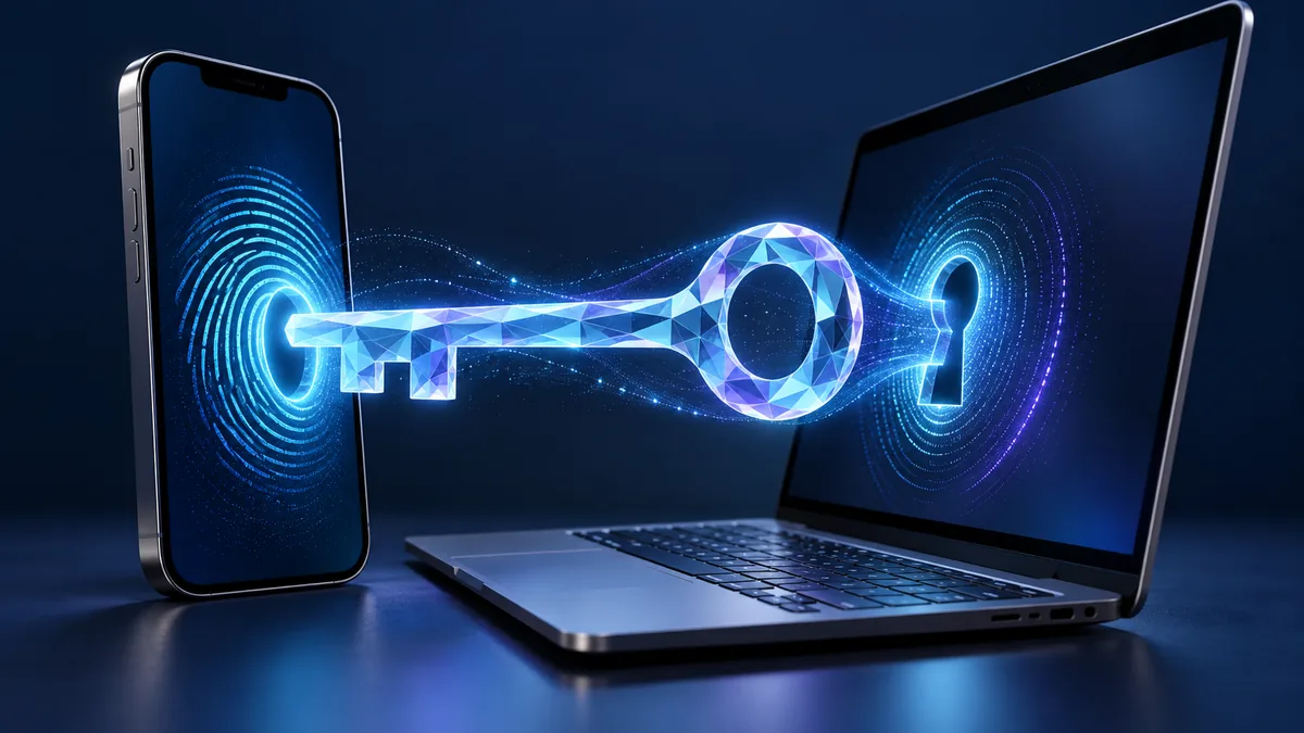 An illustrated key between a phone and laptop, with a fingerprint symbol
