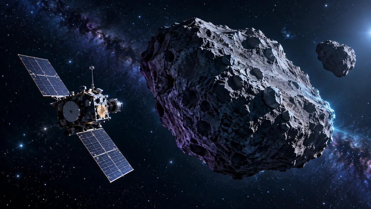An uncrewed spacecraft approaching a rocky asteroid, with its companion in the distance