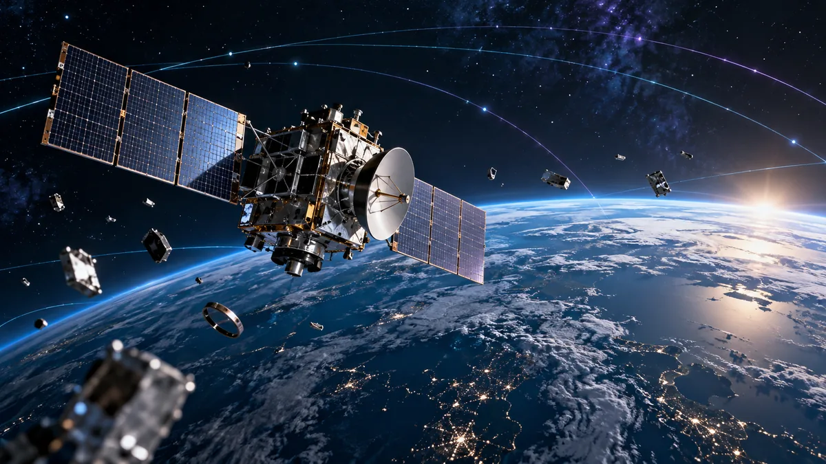A satellite over Earth with scattered metal debris and faint orbital tracks