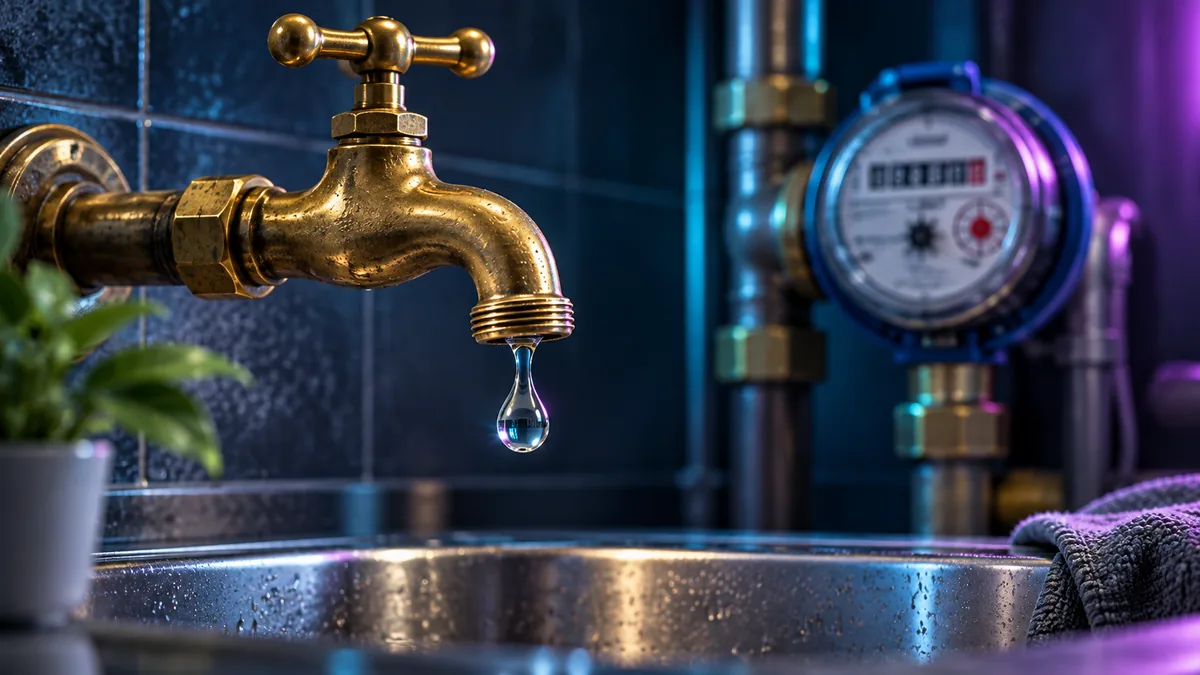 A droplet hanging from a brass tap, with a water meter behind it